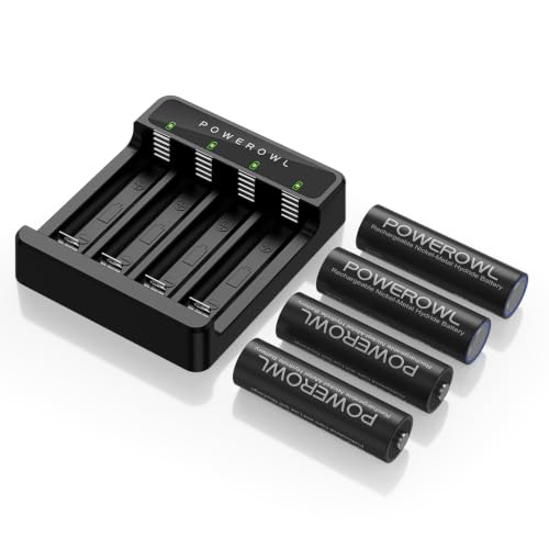 POWEROWL Pilas Recargables AA con Cargador, 4 Piezas 2800mAh de Alta Capacidad NiMH y LED, Ranura Independiente & USB Carga Rápida