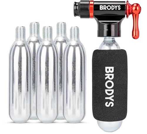 Brodys CO2 Inflator Kit, (5) 16g CO2 Cartridges, Presta and Schrader Valve Compatible, Bike Tire CO2 Pump, Includes Insulated Sleeve