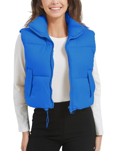 Flygo Puffer Vest Women Cropped Vest Zip Up Stand Collar Sleeveless Lightweight Winter Down Vests Jacket