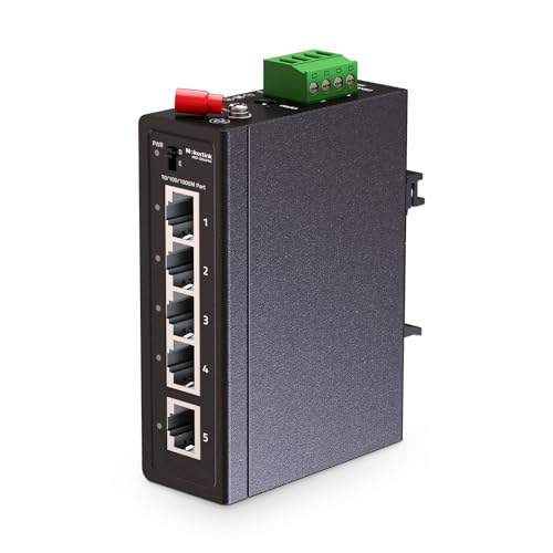 MokerLink 5 Puertos Industrial DIN Rail Gigabit Switch, 4 Puertos x 100/1000Mbps, 1 Gigabit Uplink, Mini tamaño, Metal DIN Rail & Wall Mount Ethernet Switch