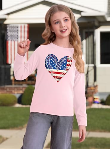 Image of Ithalt 4th of July Outfit Kids Girls American T Shirt USA T-Shirt Fourth of July Tops Patriotic Long Sleeve Tops