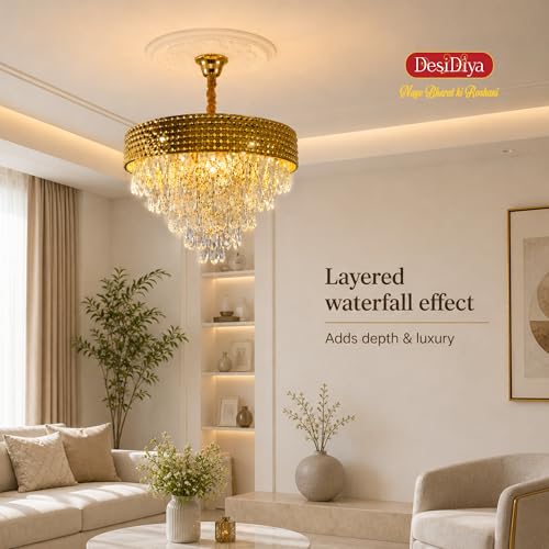 Image of Desidiya LED 400MM Golden Netmesh Modern Chandelier Lights for Ceiling Living Room K9 Crystals Antique Jhumar Light for Hall Decoration, Luxury Ceiling Fixture Light for Living Room, Dining Room