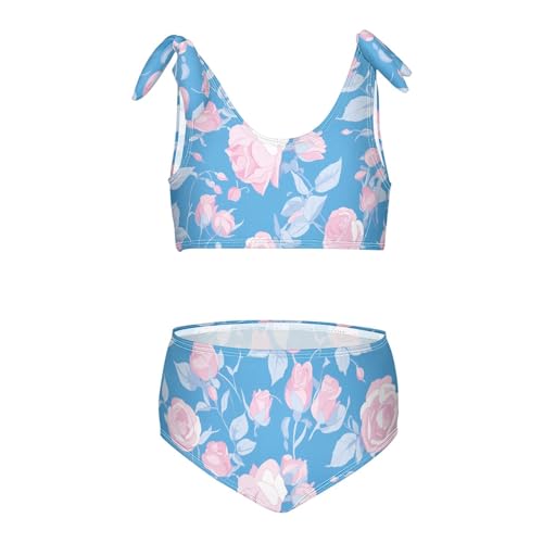 Blue Color Pattern Roses Girls' Two Piece Kids Bikini Set Scoop Neck Swimsuits Swimwear Adjustable Strap