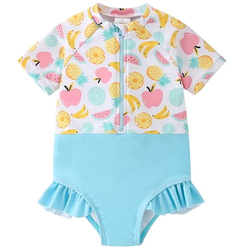 Image of AMIYAN Toddler Girls One-Piece Swimwear Short Sleeve Ruffle Swimsuit Zipper Rash Guard Bathing Suit for Little Girls 1-5Y