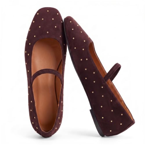 RBTHOLP Studded Ballet Flats for Women Suede Square Toe Mary Jane Flats