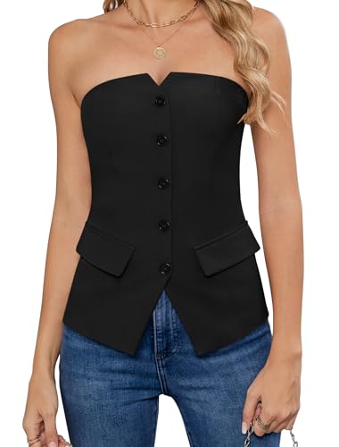 Women's Summer Strapless Vest Tops Notched Neck Tube Tops Button Fitted Sleeveless Work Business Blazer Vest
