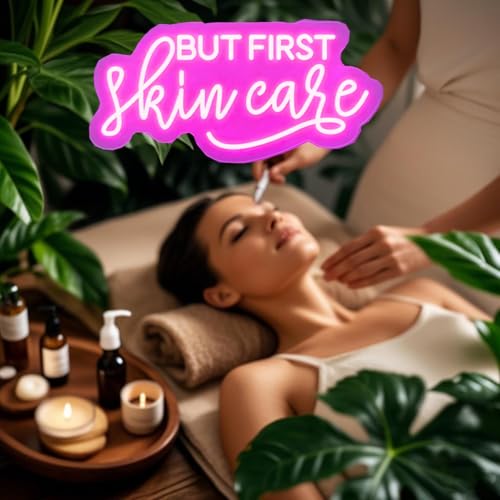 Image of But First Skin Care Neon Sign Pink Wall Decor for Beauty Salon Spa | Cosmetic Salon Aesthetic Center Salon Door Decorative Acessories, Spa Day Gifts for Women