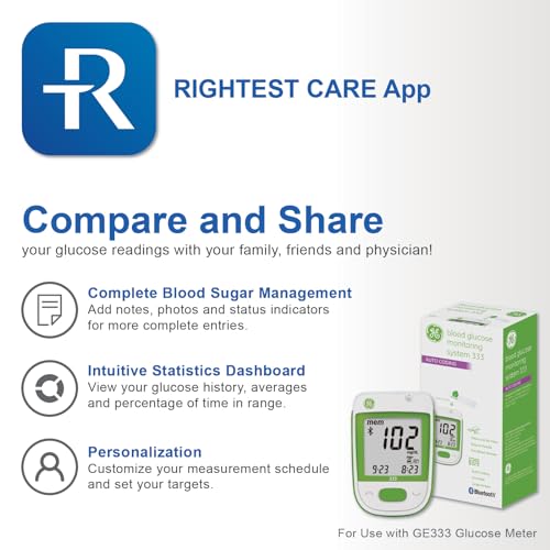 GE333 Blood Glucose Monitoring System | Glucometer | Auto Coding | 5-Second Results | Bluetooth Rightest Care App Connection | Easy-to-Read Display - Image 6