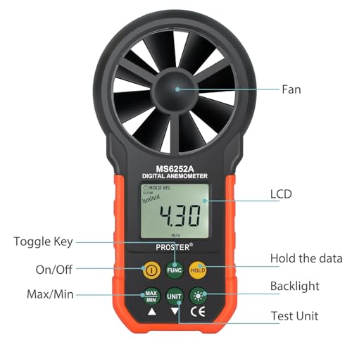 Proster Handheld Digital Anemometer - Portable Wind Speed Meter CFM Meter Wind Gauge Air Volume Measure with LCD Backlight for Outdoors Sailing Surfing Fishing - Thumbnail 2