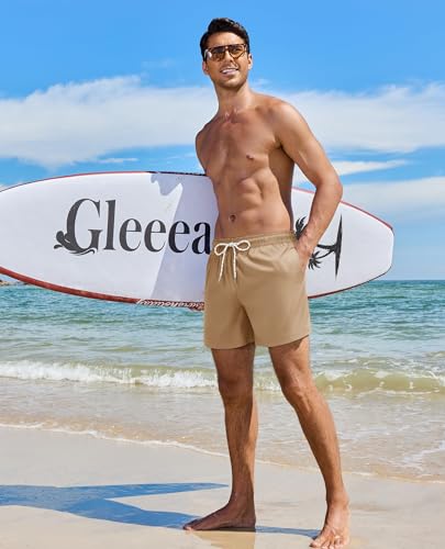 Image of Gleeease 5inch Mens Swim Trunks: 2 in 1 with Compression Liner Lined Soft Stretch Quick Dry Solid Pockets Drawstring Beach