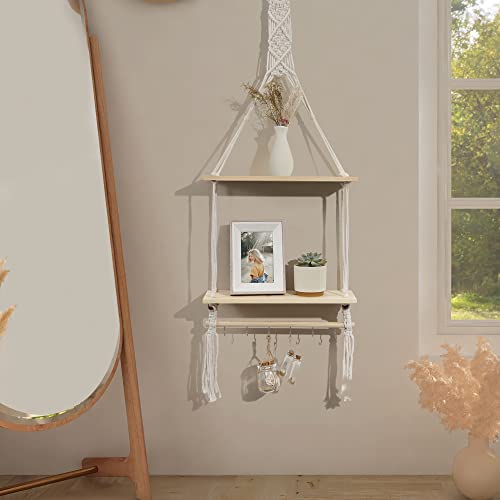Afuly Macrame Hanging Shelf With Hooks, 2 Tier Boho Floating Wall Shelves Handmade Cotton Rope Pine Wood Wall Storage Floating Shelf For Bedroom Bathroom Living Home Decor #TOP6