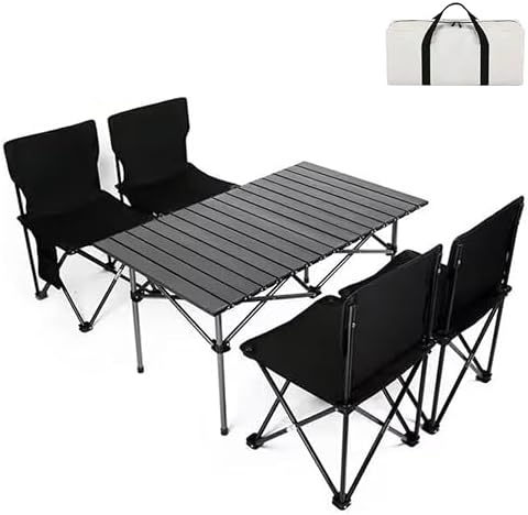 BEIKEMALL アウトドア テーブル チェア セット キャンプ テーブル57cm×95cm×50cm ピクニックテーブル 超軽量 折り畳み 組立簡単 収納バッグ付き BBQ お釣り ガーデン キャンプ用品(ブラック, 5点セット)
