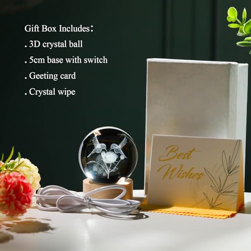 Image of Arikyrist 3D Crystal Hummingbird Figurines Decorative Balls Night Light, Crystal Humming Birds Figurines Gifts for Bird Lovers, 3D Laser Engraved Glass Sphere Decor for Home Office.