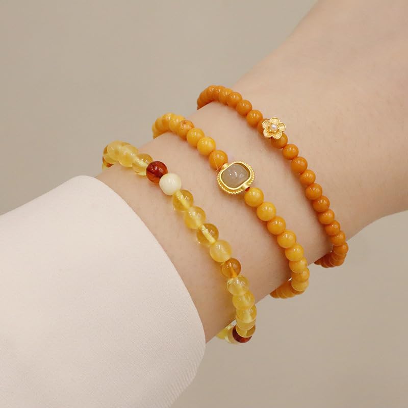 ZcerA 手工编织蜜蜡手链纯银和田玉转运珠小花手饰品女简约设计手环