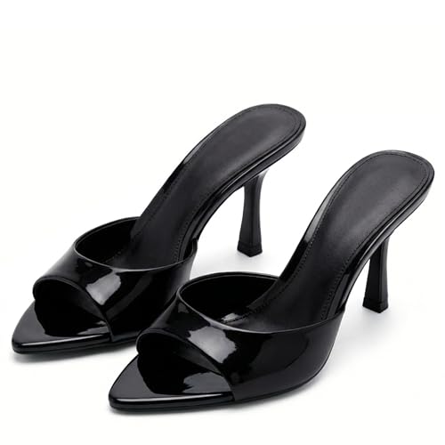 Image of Riekhany High Heel Mules for Women Slip On Open Pointed Toe Classy Patent Leather Stiletto Pumps Formal Slingback Mule Sandals Dress Walking Shoes