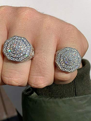 HarlemBling Solid 925 Sterling Silver Men's Ring Iced Flooded Out Ring - Icy Hip Hop Octagonal Cluster Men's Ring - Large 18mm2