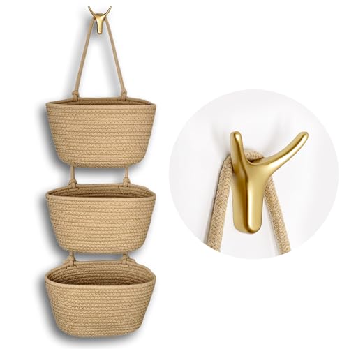Image of 3-Tier Decorative Cotton Rope Hanging Basket, Wall-Mounted Woven Storage Organizer Bag, Jute