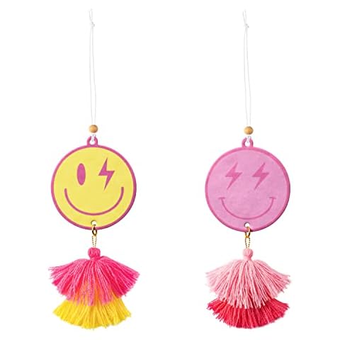 A1DIEE 2Pcs Preppy Tassel Car Air Freshener Yellow Pink Smile Car Hanging Slices with Tassel Boho Y2K Car Rearview Mirror Charm Scented Mirror Pendant for Car Accessories Home Bedroom Decoration Cover
