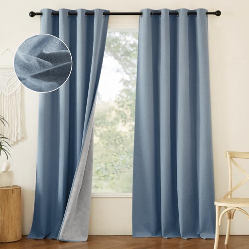 NICETOWN Stone Blue Full Shade Faux Linen Curtain Panels 90' Long, Pair of Energy Smart & Noise Blocking Out Blackout Drapes for Guest Room Window, Thermal Insulated Lined Window Dressing (52 inch)