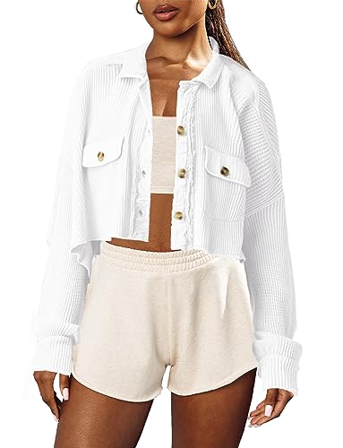Image of Panadila Womens Waffle Knit Jacket Cropped Cardigan | Button Down Shirt, Long Sleeve Shacket, Classic Outwear with Pocket, Short Jacket, Trendy, Casual