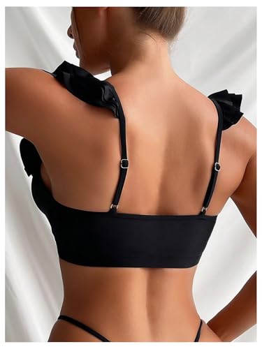 WDIRARA Women's Bathing Suits Deep V Neck Ruffle Trim Sleeveless Bikini Top2