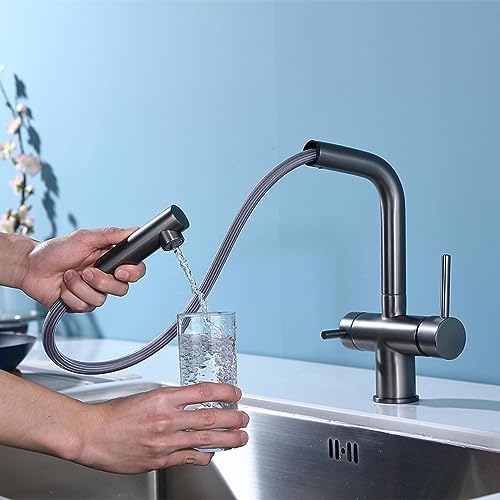 Robinetterie cuisine 3 voies en finition brossée durable avec double commande d'eau pure