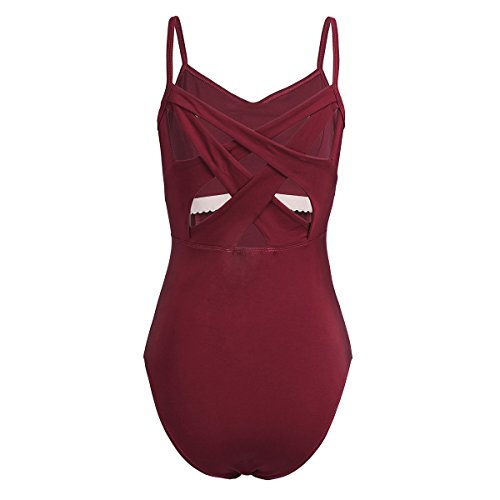 Acsuss Women's V-Neck Ballet Dance Leotard Criss Cross Back Strappy Camisole Bodysuit Burgundy X-Small #TOP5