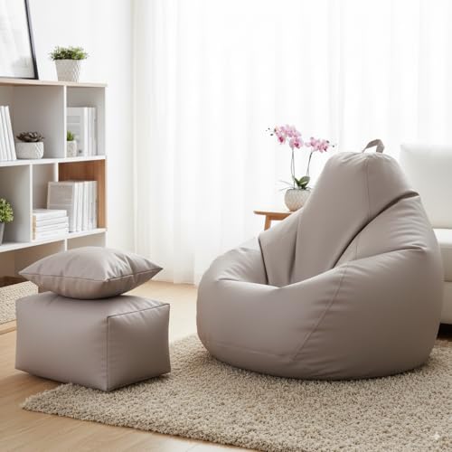 Image of 5XL Premium Leatherette Bean Bag with Rectangular Footrest & Cushion | High Density EPS Beans Filled | Teardrop Shape with Handle | 6 Months Warranty (Beige, 5XL Combo Pack, Solid)