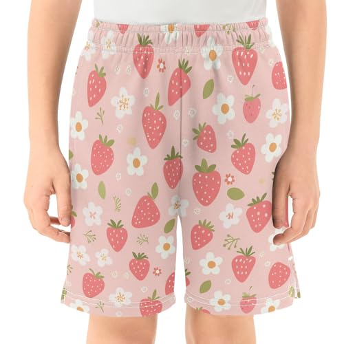 Strawberry and Daisy Athletic Shorts with Zipper Pockets, Youth Boys Athletic Running Shorts for Summer2