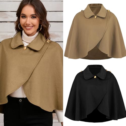 Lapel Collar Shawl Capes Faux Wool Short Cloak Coverup Crosses Wrap Front Sweater Ponchos Elegant Solid Color for Women, Black, as the pic show2