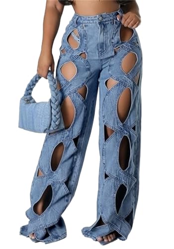 Women Sexy Hollow Out Baggy Jeans Y2k High Waisted Straight Leg Criss Cross Denim Pants