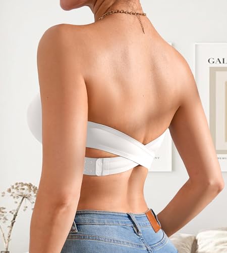 Image of DEANGELMON Strapless Bra for Women Crossover Side Closure Non-Slip Silicone Padded Bandeau Bras Wireless Tube Top Bra