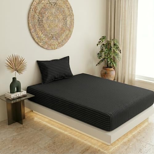 Image of Filymore Single Bed Bedsheet with 1 Pillow Cover, 300 TC Microfiber Satin Striped Bedsheet, Soft & Breathable Single Size Bedcover 90x60 Inches, Black