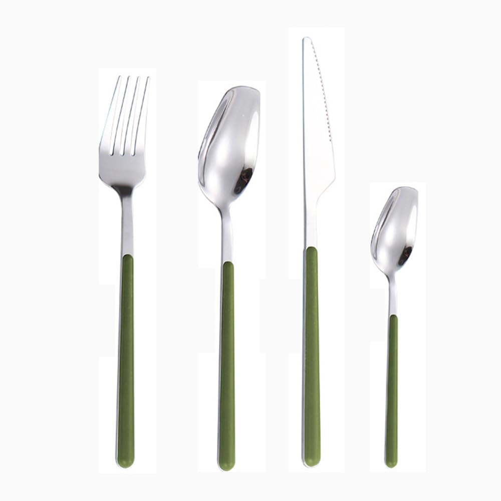 Clamp Handle Kitchen Stainless Steel Silverware Tableware Flatware Cutlery Set Steak Knife Fork Spoon Teaspoon (Light green,4 pieces)