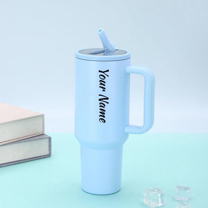 Image of Zephorus Personalized Stainless Steel Tumbler with Handle, 1200ml Capacity, Black Insulated Travel Mug with Straw, Custom Name Design (Sky Blue (3rd))