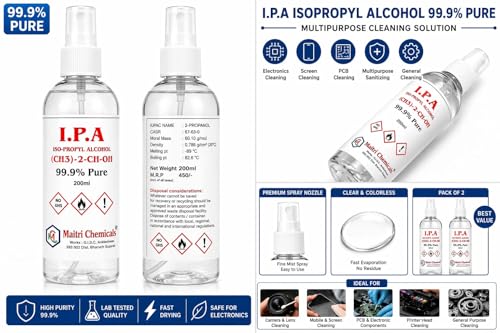 Image of IPA Iso-Propyl Alcohol 99.9% Pure | Multipurpose Cleaning, Lab, Electronics & Medical Use (200 Ml)