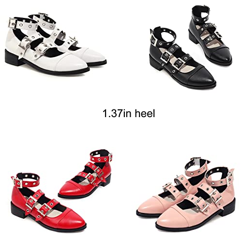 Women's Goth Low Chunky Heel Mary Jane Shoes,Patent Leather Eyelet Buckle Ankle Strap Pointy Pumps3