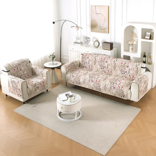 Image of HOKIPO AB Dual Design Quilted Sofa Cover 4 Seater, 3+1 Sofa Cover Set, Easy Drape Series, Garden Classic (IN-1101 + IN-1099-ED9)