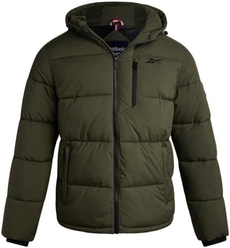 Reebok Mens Quilted Puffer Jacket, Weather Resistant Hooded Winter Coat