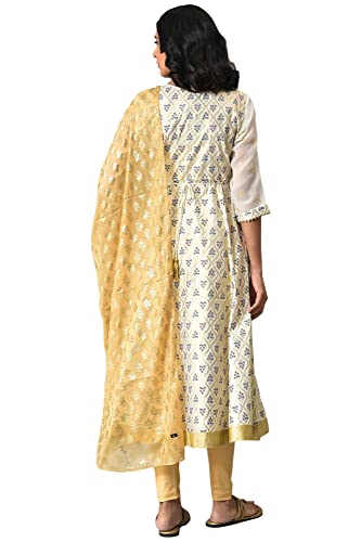 Image of Aurelia Women Polyester White Zari Embroidered Regular Kurta Set Golden Tights And Printed Dupatta