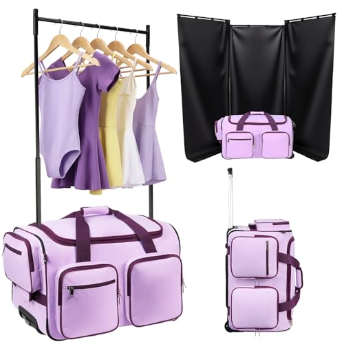 besharppin Dance Bag with Garment Rack and Curtain 23 Dance Competition Bag with Garment Rack & Wheels Rolling Dance Bag for Girls Suitcase for Dancer Cheerleader Little Princess(Purple)
