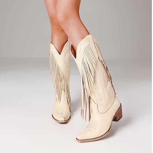 Mattiventon Cowboy Boots for Women Fringe Knee High Cowgirl Western Boots with Classic Embroidery Pointed Toe Chunky Heel for Weddings Parties3
