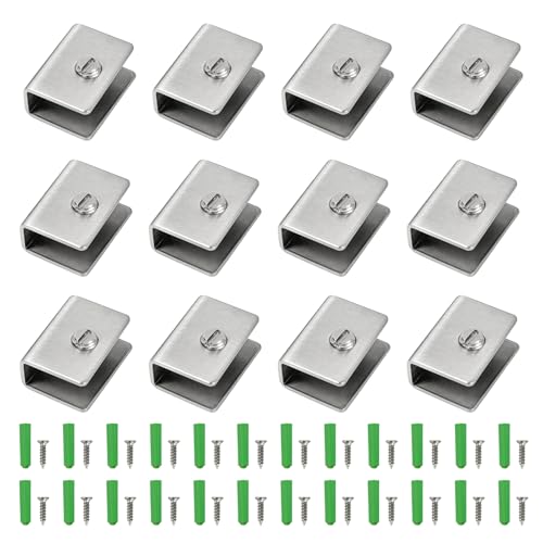 12 Pièces Pince de Support de Verre, Support Étagère Verre en Acier Inoxydable 201 Noir Fixation Réglable avec Vis et Tube d'Expansion (Argent,...