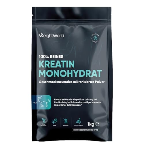 Creatin Monohydrat Pulver 1kg / 1000g - 11 Monate Vorrat - Laborgeprüft - Kreatin Monohydrat (mikronisiert) 200 Mesh - Geschmacksneutrales mikronisiertes Pulver - 330 vegane Portionen - WeightWorld