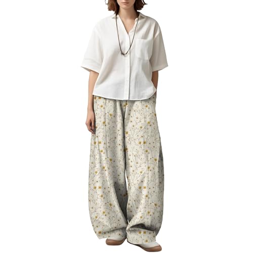 Womens Summer Floral Casual Pants Loose Wide Leg Baggy Palazzo Pants Comfy Lantern Harem Trouser Flowy Clothing