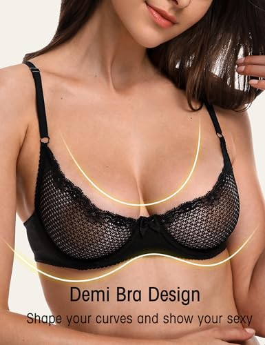 Wingslove Women's Sexy 1/2 Cup Lace Bra Balconette Mesh Underwired Demi Shelf Bra Unlined See Through Bralette - Image 3