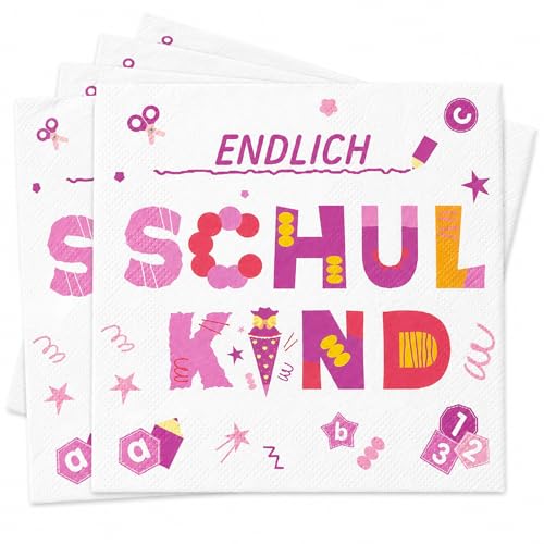 48 Stück Servietten Einschulung Mädchen Rosa Endlich Schulkind Papierservietten 33x33cm Einschulung Deko Mädchen Tischdeko Zubehör Schulanfang Deko für Party