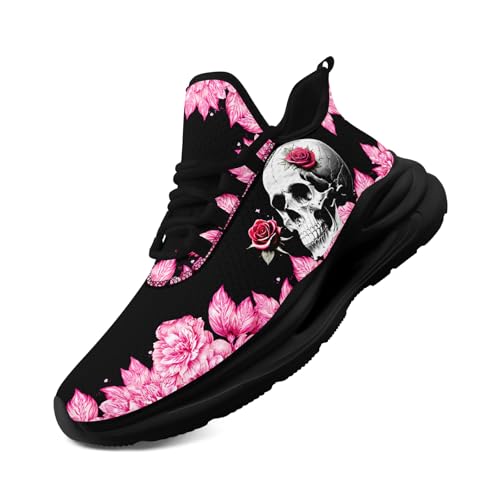 Women's Skull & Rose Running Shoes Trendy Floral Sneakers with Cool Design Comfort Breathable Mens Athletic Gym Walking Shoes