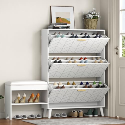 Gyfimoie Shoe Storage Cabinet with 3 Flip Drawers, Shoe Cabinet with Bench & Open Shelf for Entryway, Freestanding Narrow Hidden Shoe Rack Organizer with Solid Wood Legs for Hallway (White)