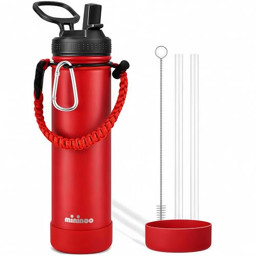 Image of mininoo 24 oz Insulated Stainless Steel Water Bottle with Straw, Red